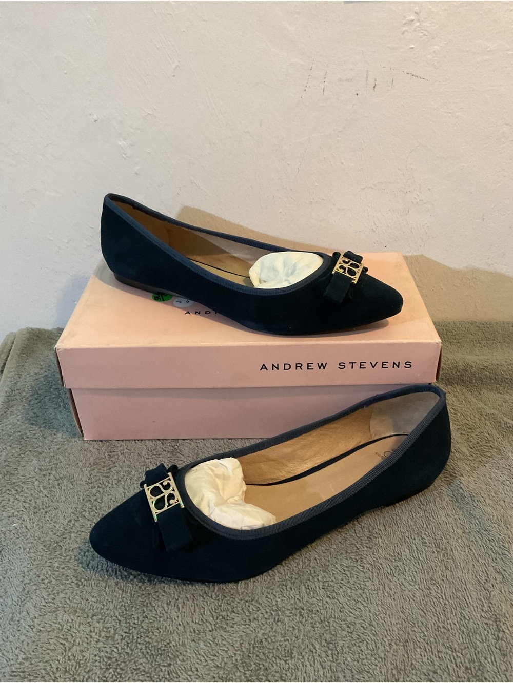 Andrew Stevens Navy Suede Pointed-Toe Flats with Bow and Gold Accent